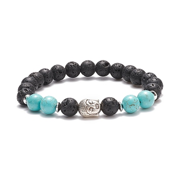 Natural Lava Rock & Synthetic Green Turquoise(Dyed) Stretch Bracelet with Alloy Beaded, Gemstone Jewelry for Women, Buddha Pattern, Buddha Head: 10x9x8mm, Inner Diameter: 2 inch(5.2cm)