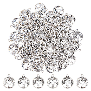 120Pcs Tibetan Style Alloy Pendants, Lead Free & Cadmium Free, Flat Round with Tree of Life, Antique Silver, 18.5x15.5x1.5mm, Hole: 1.6mm