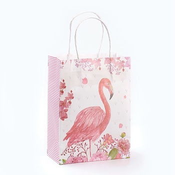 Rectangle Paper Bags, with Handles, Gift Bags, Shopping Bags, Flamingo Shape Pattern, For Valentine's Day, Pink, 27x21x11cm