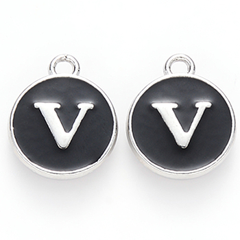 Platinum Plated Alloy Charms, Cadmium Free & Lead Free, with Enamel, Enamelled Sequins, Flat Round with Letter, Letter.V, 14x12x2mm, Hole: 1.5mm