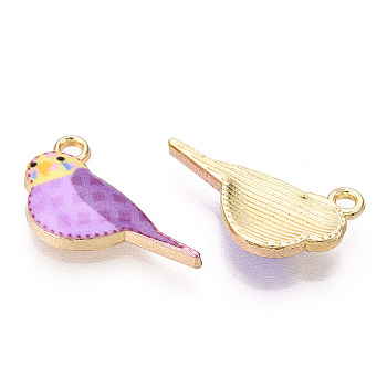 Printed Alloy Pendants, Light Gold, Bird Charms, Violet, 13.5x21x3.5mm, Hole: 1.8mm