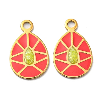304 Stainless Steel Pendants, with Enamel, Teardrop Charm, Real 14K Gold Plated, Red, 17x10.5x1~1.5mm, Hole: 1.8mm