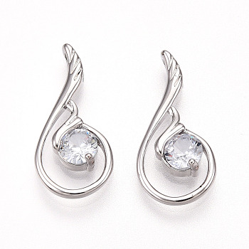 Wing Real Platinum Plated Brass Cubic Zirconia Pendants, 21x11x3.5mm, Hole: 3x1mm