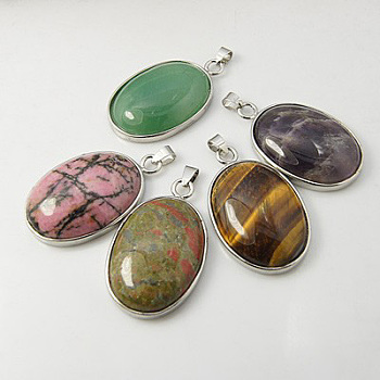 Gemstone Pendants, with Brass Findings, Oval, Platinum, Mixed Gemstone, Mixed Color, 41x27.5x7.5mm, Hole: 3x6mm
