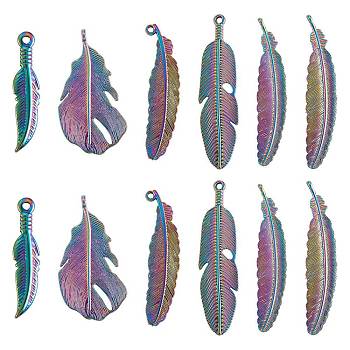 DIY Pendant Jewelry Making Kit, Including 12Pcs 6 Style Rainbow Color Alloy & 304 Stainless Steel Pendants, Feather, 41~106x10~26x1.5~5mm, Hole: 1.6~6mm, 2Pcs/style