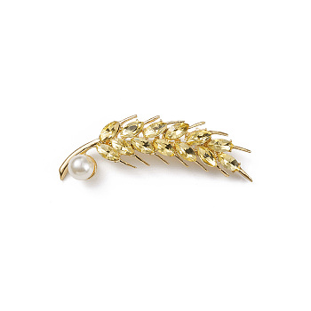 Rhinestone Wheat Brooch Pin with Plastic Pearl Beaded, Alloy Lapel Pin for Backpack Clothes, Light Gold, 59x16x4mm