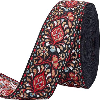 Ethnic Style Embroidery Polycotton Ribbons, Jacquard Ribbon, with Flower Pattern, Garment Accessories, Indian Red, 2 inch(50mm)