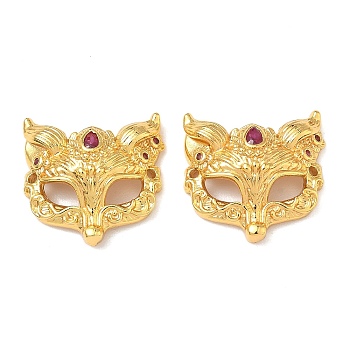 Brass Micro Pave Hot Pink Cubic Zirconia Fox Mask Connector Charms, Real 18K Gold Plated, 17.5x18x5.5mm, Hole: 1.2mm