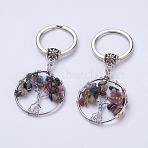 Natural Multicolor Tourmaline Keychain, with Iron Key Rings and Brass Finding, Flat Round with Tree of Life, 65~67mm, 36x29x5~8mm(KEYC-E023-03I)