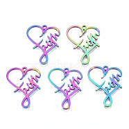 Ion Plating(IP) 201 Stainless Steel Pendants, Heart with Word, Rainbow Color, 28.5x22x1.5mm, Hole: 1.6mm(STAS-N098-045M)