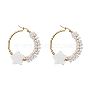 Brass Hoop Earrings, with Natural Shell Star & Glass Pearl Beaded, Golden, 46x41x7mm(EJEW-JE05680)