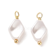 ABS Plastic Imitation Pearl Pendants, with Real 18K Gold Plated Rack Plating Brass Findings, Rhombus Charm, White, 15.5x7.5x4mm, Hole: 1.8mm(KK-M266-32G)