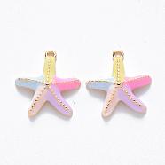 Brass Enamel Charms, Nickel Free, Starfish/Sea Stars, Real 18K Gold Plated, Colorful, 14x13.5x3.5mm, Hole: 1mm(X-KK-T049-050G-02-NF)