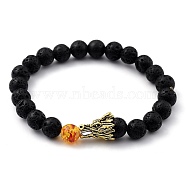 Men's Natural Lava Rock Stretch Beaded Bracelets, with Resin Imitation Amber Beads and Dragon Head Alloy Beads, Antique Golden, Inner Diameter: 2-1/8 inch(5.5cm)(BJEW-JB05429-02)