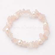 Gemstone Chip Stretch Bracelets, with Grade B Potato Freshwater Pearl Beads, Rose Quartz, 55mm(BJEW-JB01516-01)