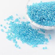 Round Glass Seed Beads, Trans. Colours Lustered, Light Cyan, Size: about 2mm in diameter, hole: 1mm, about 3306pcs/50g(X-SEED-A006-2mm-103)