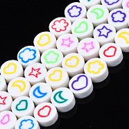 Handmade Polymer Clay Bead Strands, Flat Round with Flower & Moon & Star & Heart, Mixed Color, 9~9.5x4~4.5mm, Hole: 1.6mm, about 40pcs/strand, 14.80 inch~15.16 inch(37.6~38.5cm)(CLAY-T020-29)