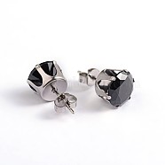 Round Cubic Zirconia Stud Earrings, with 304 Stainless Steel Pins, Black, 4mm, Pin: 0.9mm(EJEW-H306-39-4mm)