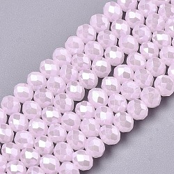 Electroplate Glass Beads Strands, Imitation Jade Beads, Pearl Luster Plated, Faceted, Rondelle, Pink, 2.9~3.3x2mm, Hole: 0.8mm, about 145~150pcs/strand, 34~35cm(EGLA-A034-J2mm-A03)