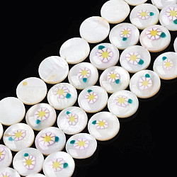 Natural Freshwater Shell Enamel Beads, Flat Round with Flower, Yellow, 11x3mm, Hole: 0.8mm, about 32pcs/strand, 14.37 inch(36.5cm)(SHEL-N026-194-05)