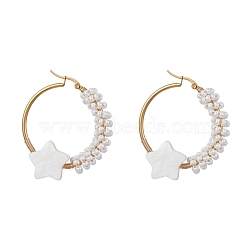 Brass Hoop Earrings, with Natural Shell Star & Glass Pearl Beaded, Golden, 46x41x7mm(EJEW-JE05680)