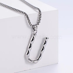 3Pcs Stainless Steel Textured Letter Pendant Box Chain Necklaces, Stainless Steel Color, Letter U(LW4134-47)