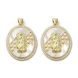 Brass Pave Shell Pendants, Religion Virgin Mary Charms with ABS Imitation Pearl, Real 18K Gold Plated, Oval, 30.5x23x4mm, Hole: 3.5x5mm(KK-I708-16D-G)