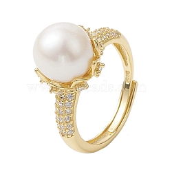 Round Natural Pearl Adjustable Rings, Sterling Silver Micro Pave Cubic Zirconia Finger Rings for Women, Real 18K Gold Plated, Inner Diameter: 17mm(RJEW-P113-02G)