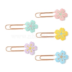 Polyester Embroidered Flower Bookmarks, Rose Golden Iron Paper Clips, Mixed Color, 58x25x3.5mm(AJEW-JK00280)