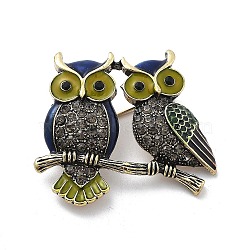 Alloy Enamel Brooch, with Rhinestone, Owl, Antique Golden, 38x43mm(JEWB-C037-32B-AG)