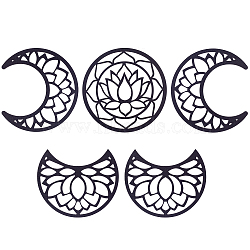 Hollow Wood Wall Hanging Ornaments, Wall Decor Door Decoration, Moon Phase with Lotus Pattern, Black, Moon: 200x165~200x5mm, 5pcs/set(AJEW-WH0323-36A-03)