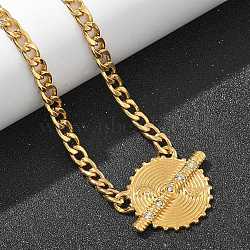 304 Stainless Steel Crystal Rhinestone Flat Round Pendant Twisted Chain Necklaces for Women, Golden, 18.15 inch(46.1cm)(STAS-Z117-11G)