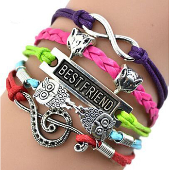 Suede & Imitation Leather Cord Knitted Multi-strand Bracelets, Alloy Link Adjustable Bracelets, Infinity, 7-1/8 inch(18cm)