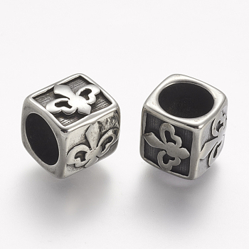 304 Stainless Steel Beads, Cube, Large Hole Beads, Antique Silver, 11x11.5x12mm, Hole: 8mm