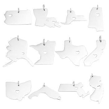 Unicraftale 12Pcs 12 Style 201 Stainless Steel Pendants, Laser Cut, Map, Stainless Steel Color, 14~29.5x11~31x1mm, Hole: 3mm, 1pc/style