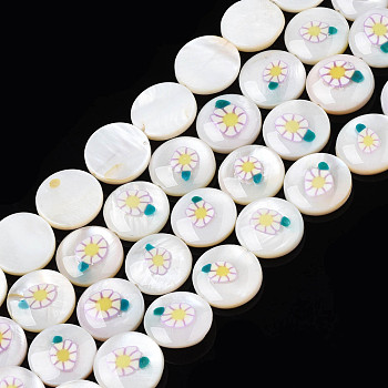 Natural Freshwater Shell Enamel Beads, Flat Round with Flower, Yellow, 11x3mm, Hole: 0.8mm, about 32pcs/strand, 14.37 inch(36.5cm)
