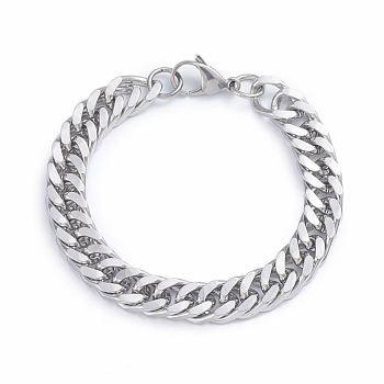 Men's 304 Stainless Steel Diamond Cut Cuban Link Chain Bracelets, with Lobster Claw Clasps, Stainless Steel Color, 8-1/2 inch~8-5/8 inch(21.5~22cm), 10.5mm