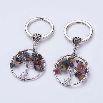 Natural Tourmaline Keychain, with Iron Key Rings and Brass Finding, Flat Round with Tree of Life, 65~67mm, 36x29x5~8mm