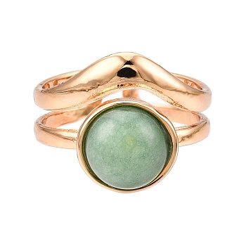 Round Natural Green Aventurine Finger Rings, Golden Tone Alloy Open Cuff Ring for Women, 15mm, Adjustable