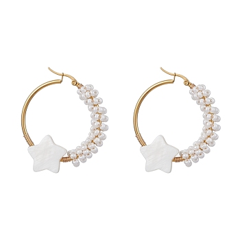 Brass Hoop Earrings, with Natural Shell Star & Glass Pearl Beaded, Golden, 46x41x7mm