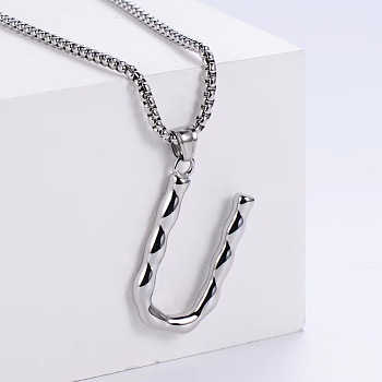 3Pcs Stainless Steel Textured Letter Pendant Box Chain Necklaces, Stainless Steel Color, Letter U