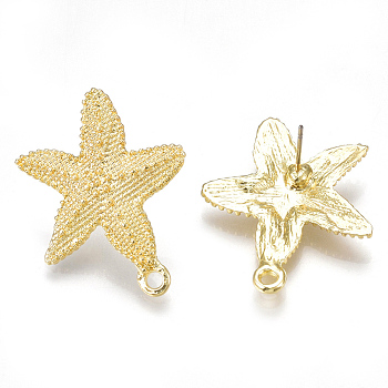 Alloy Stud Earring Findings, with Loop, Steel Pins, Starfish/Sea Stars, Light Gold, 30x26mm, Hole: 2mm, Pin: 0.7mm