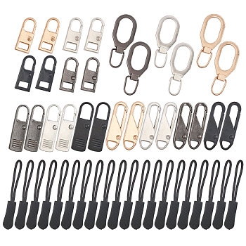 28Pcs 13 Styles Zinc Alloy Zipper Slider, with 20Pcs Plastic Zipper Puller With Strap, for Garment Accessories, Mixed Color, 26.5~64x11~12x4~4.5mm, Hole: 4.5~11x6~9mm