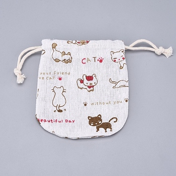 Burlap Pouches Gift Storage Bags, Candy Treat Party Packing Bags, with Polyester Drawstring Cord, Cat Pattern, 11.5x11cm