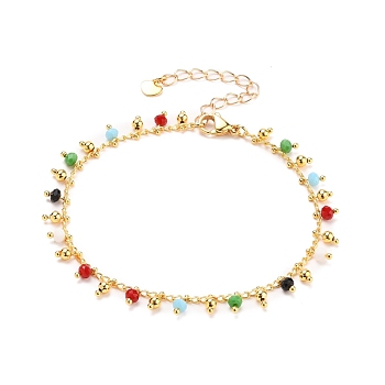 Faceted Glass Charm Bracelets, with Brass Curb Chains, 304 Stainless Steel Heart Charms & Lobster Claw Clasps, Colorful, Golden, 7-1/2 inch(19cm)