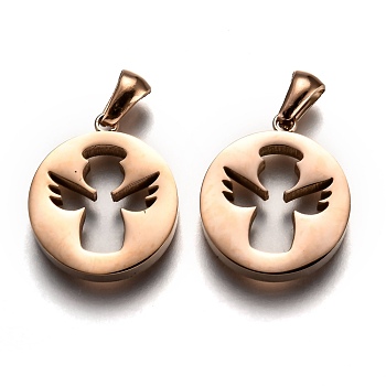 Ion Plating(IP) 304 Stainless Steel Pendants, Cut-Out, Hollow, Manual Polishing, Flat Round with Angel, Rose Gold, 20x17.5x3.5mm, Hole: 3x6mm