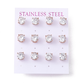 6 Pairs Cubic Zirconia Flat Round Stud Earrings, 304 Stainless Steel Jewelry for Women, Rose Gold, Clear, 8mm, Pin: 0.7mm
