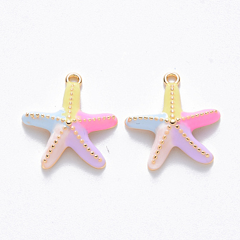 Brass Enamel Charms, Nickel Free, Starfish/Sea Stars, Real 18K Gold Plated, Colorful, 14x13.5x3.5mm, Hole: 1mm