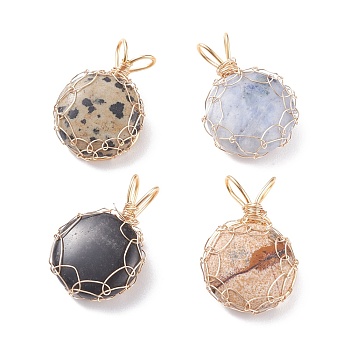 Natural Gemstone Pendants, with Real 18K Gold Plated Copper Wire Wrapped, Half Round, 30~32x21x7~8mm, Hole: 6x4mm
