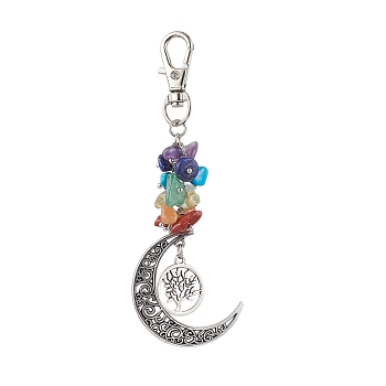 Natural & Synthetic Mixed Gemstone Chip Pendant Decorations, with Alloy Pendants and Swivel Clasps, Moon, Tree of Life, 113mm
